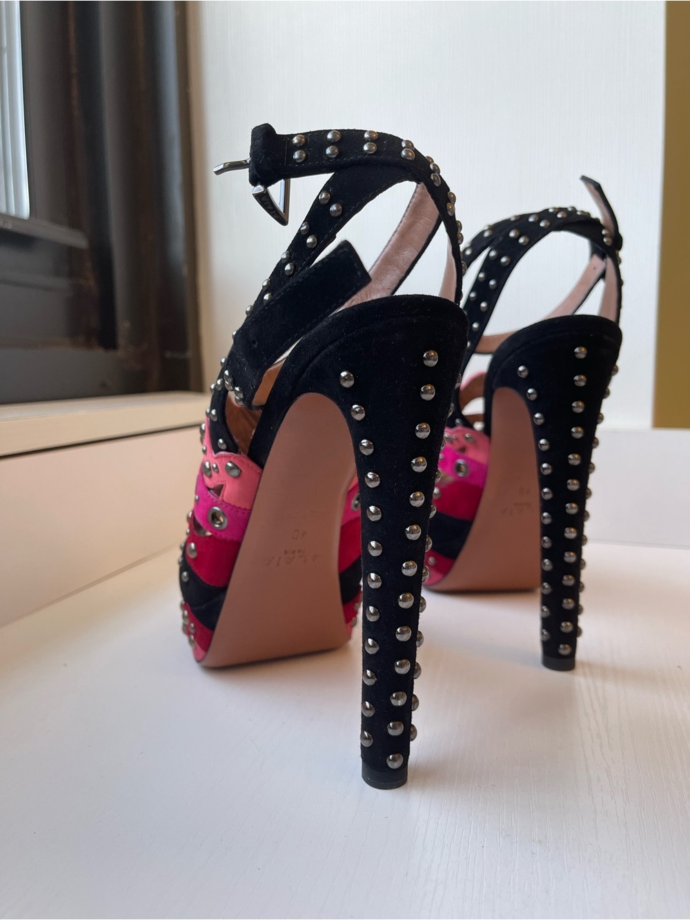 Alaia Black, Pink and Red Scalloped Studded Platform Sandals - Picture 9 of 12
